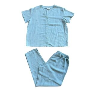 Basic Threads Santa Monica Linen Blend Set XL Blue Button Top Elastic Pants USA